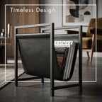 Modern Magazine Rack for Living Room and Office | Freestanding Metal and Leather Magazine Holder | Contemporary Storage Organizer for Books, Newspapers | Minimalist Home and Lounge Decor (Black)