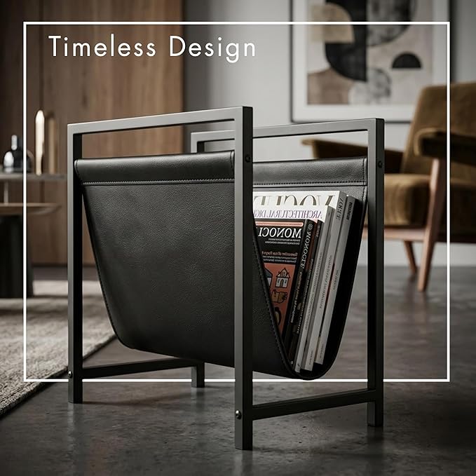 Modern Magazine Rack for Living Room and Office | Freestanding Metal and Leather Magazine Holder | Contemporary Storage Organizer for Books, Newspapers | Minimalist Home and Lounge Decor (Black)