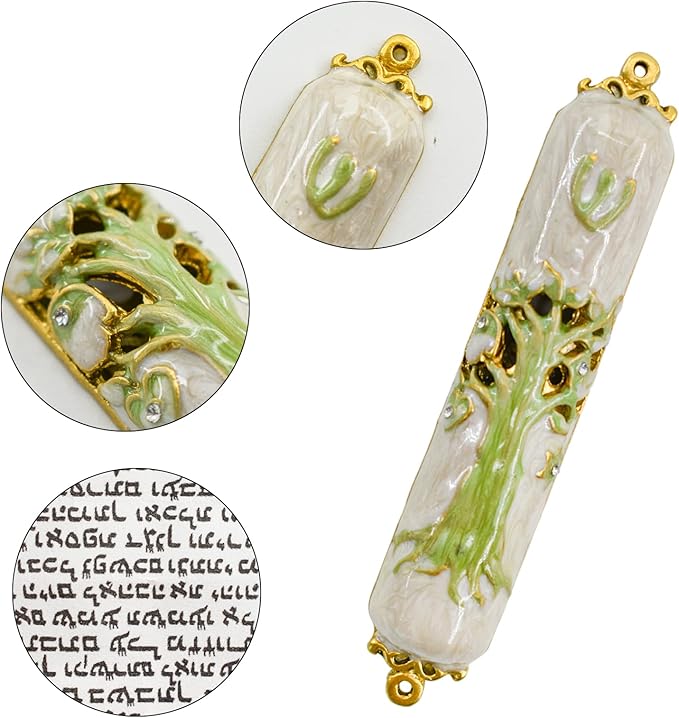 Mezuzah with Scroll for Door, Enamel&Zinc Alloy Blessing Mezuzah Case for Door, Colored Painted Mezuzha Scroll Kosher for Jewish Gifts/Jewish Decor, Christmas (Green)