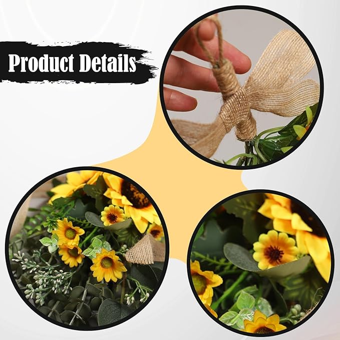 Sunflower Swag Lifelike Rustic with Green Leaves Garland Adornment Spring Summer Door Wreath Flower Swag for Holiday Window