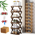The 9-Tier No-Assembly Bamboo Rack, Foldable Stackable 9 Tier Bamboo Shoe Rack Vertical Storage Sturdy & Stable, Tall Narrow Space-Saving Expandable Shoe Rack for Entryway Closet Dorm (Brown,6 Tiers)