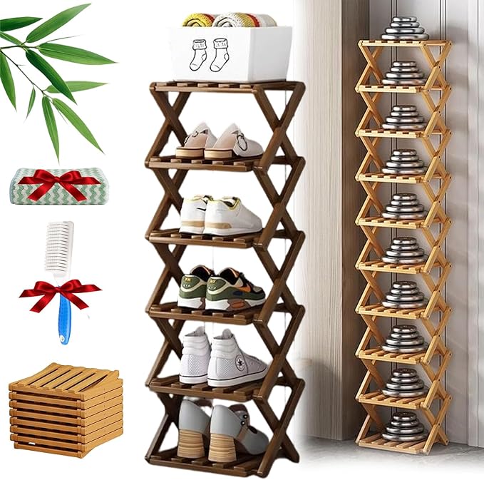 The 9-Tier No-Assembly Bamboo Rack, Foldable Stackable 9 Tier Bamboo Shoe Rack Vertical Storage Sturdy & Stable, Tall Narrow Space-Saving Expandable Shoe Rack for Entryway Closet Dorm (Brown,6 Tiers)