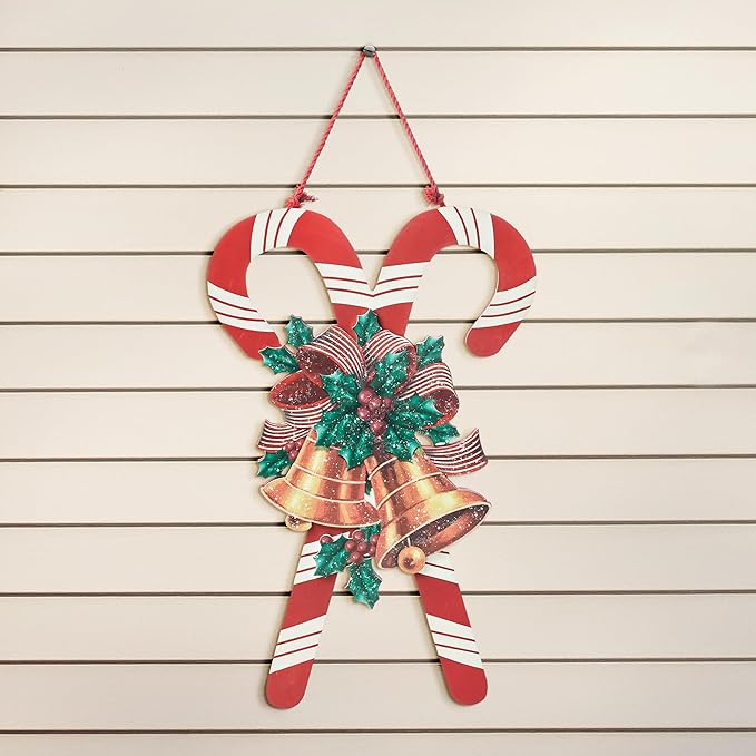 Glitzhome Christmas Candy Cane Wall Decor, 20"H Wooden Hanging Sign with Vintage Red White Stripe for Home Indoor Holiday Festival