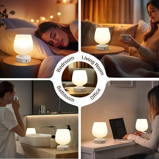Seealle Touch Table Lamp for Nightstand Set of 2 - Bedside Lamp with USB C+A Charging Ports for Bedroom Living Room Night Stands, Desk Lamp with White Glass Shade for Small Spaces, 3 Way Dimmable