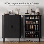 ONBRILL 6-Tier Shoe Cabinet with Sliding Door, Wooden Shoe Storage Cabinet with Adjustable Shelves, Mid-Century Modern Freestanding Shoe Storage Organizer for Entryway, Hallway, Living Room, Black