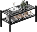 2 Tier (Thick) Bamboo Shoe Rack for Closet Free Standing Wood Shoe Shelf for Entryway Small Space Stackable 27"x12"x14" (Black)