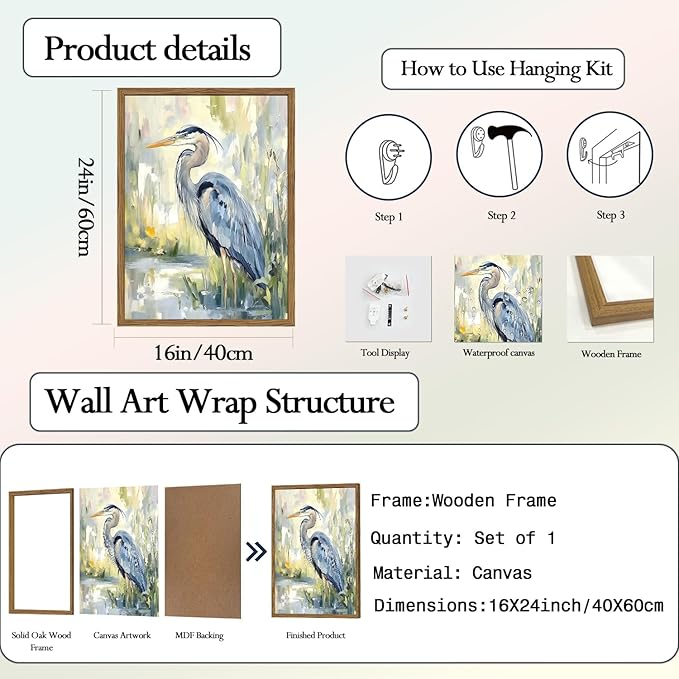 Framed Blue Heron Wall Art, Watercolor Sea Bird Pictures Wall Decor, Coastal Nature Wildlife Animal Paintings Canvas Prints for Living Room Bedroom Bathroom Office Home Decor 16x24 inch