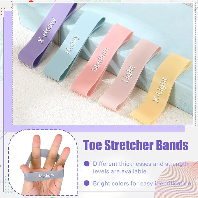 Set of 5 Toe Stretcher Band Separator Spacer Bunion Correction Hallux Valgus Alignment Foot Stretcher Straightener Resistance Loop Yoga Exercise Foot Care with Carry Bag(Pastel)