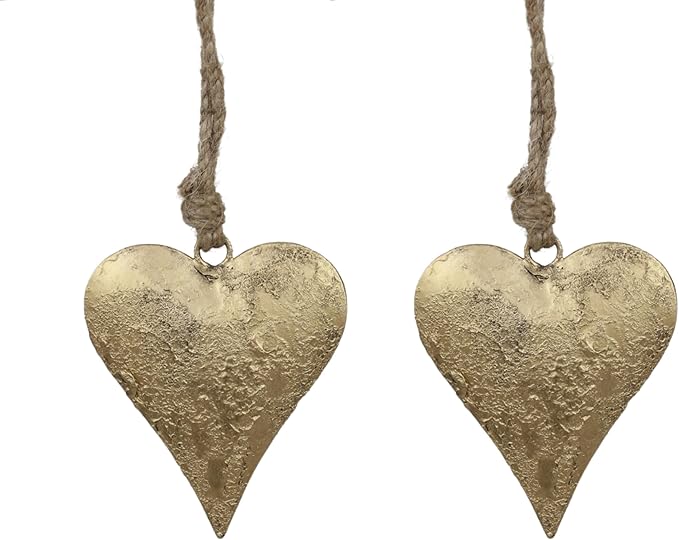 Rustic Iron Wall Accent for Home Decor | Handmade Metal Hanging Décor with Jute Rope | Golden Heart Design (4" & 3.5") Indoor & Outdoor Decoration (Set of 2)