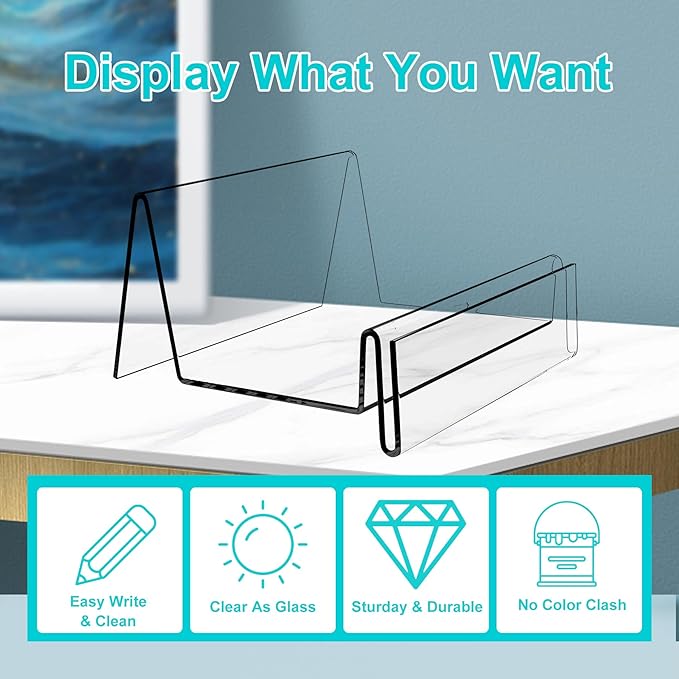 Boloyo Acrylic Display Stand with Sign Plate, 6PC Clear Display Easel Wallet Display Riser Holder, Acrylic Perfume Display Holder for Displaying Wallet, Figure , Cosmetic, Jewelry ,Makeups, Glasses (Small, 6PC)