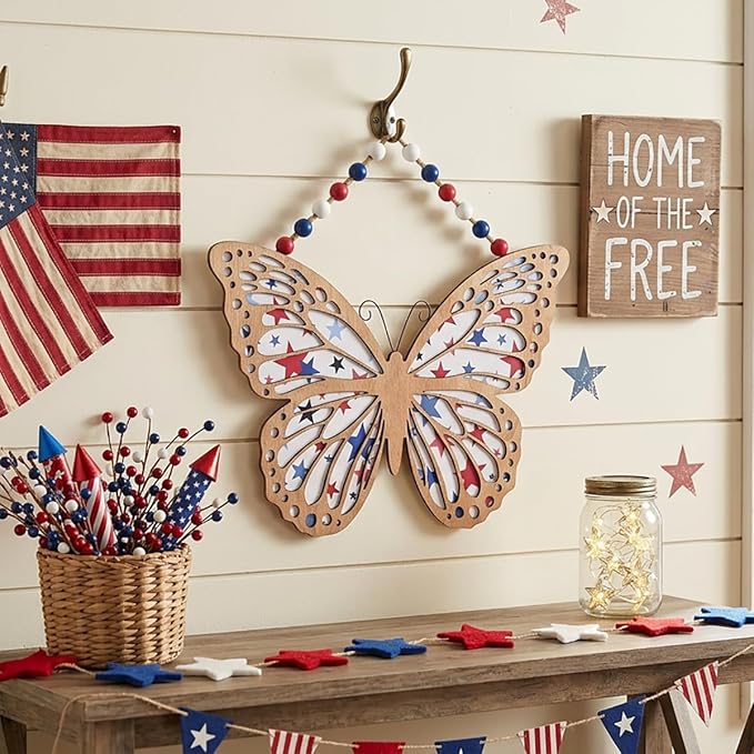 Valery Madelyn 4th of July Wreath, Patriotic Wreath for Front Door, Red White and Blue Butterfly Decor, Wooden Americana Sign for 4th of July Independence Day USA 250th Anniversary, 12 Inch