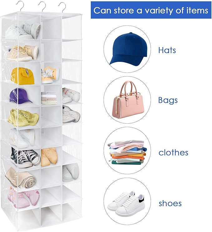 coastal rose Hanging Shoe Closet Organizer, 30 Sections Hanging Closet Organizers and Storage Shelves with 6 Mesh Pockets, Space Saving Shoe Rack Holder Hanger, White