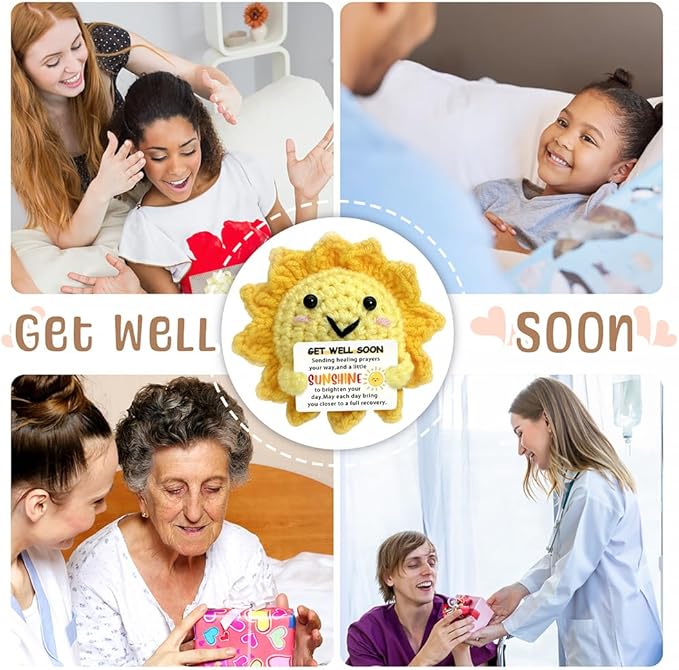 Get Well Soon Gifts - Handmade Positive Crochet Sunshine Dolls with Cheer Up Messages, Crochet Emotional Support Buddies for Surgery Recovery & Healing | Get Well Soon Gifts for Kids, Women, Men