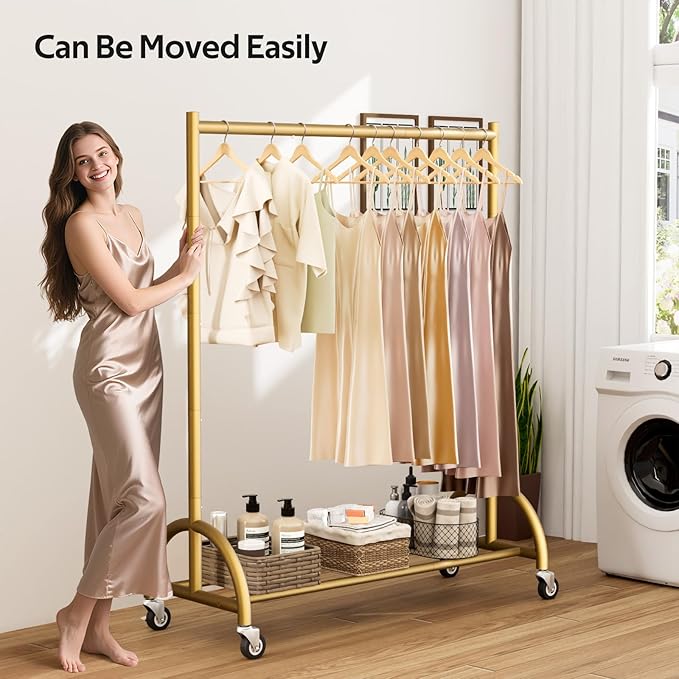 MISSLO Heavy Duty Clothing Rack with Wheels Rolling Clothes Racks for Hanging Clothes, Coats, Garment, Dress, Gold
