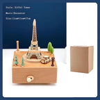Natural Solid Wood Handcrafted Beech Wooden, Musical FigureTotoro/Carousel/Fairy/Ballerina Figurine,Rotating Hand Crank Mechanism Music Box,Musical Decorations (Eiffel Tower)