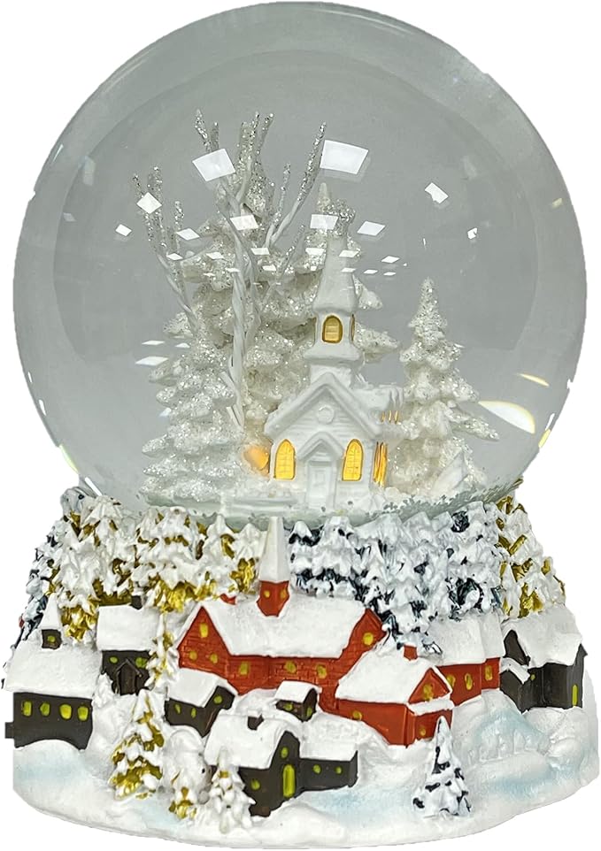 Ashfield & Harkness Winterland Church Decorative Snow Globe with Wind Up Music Box and LED Battery Operated Light