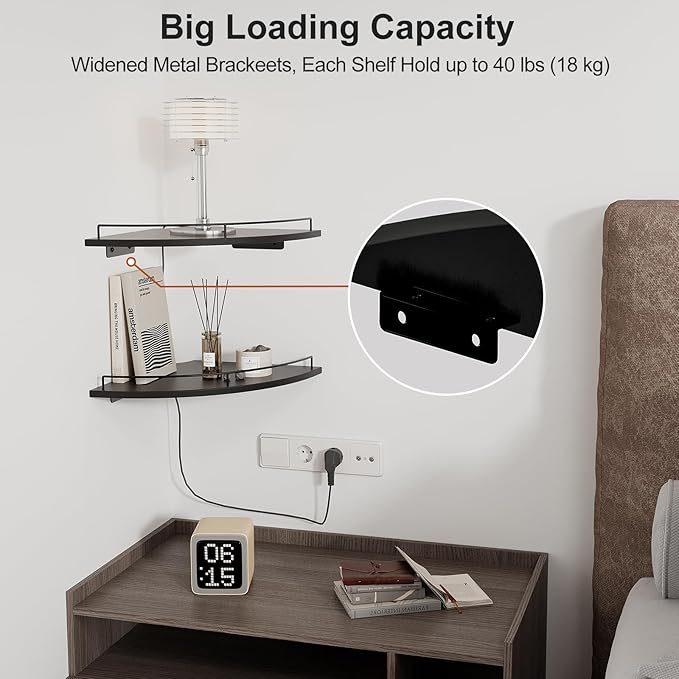 JJL Corner Shelf Wall Mounted, 12 Inches 2-Tier Floating Corner Shelf, Fan-Shaped Rustic Wood Decor with Fence, Black Wall Storage for Living Room Bedroom Kitchen Bathroom