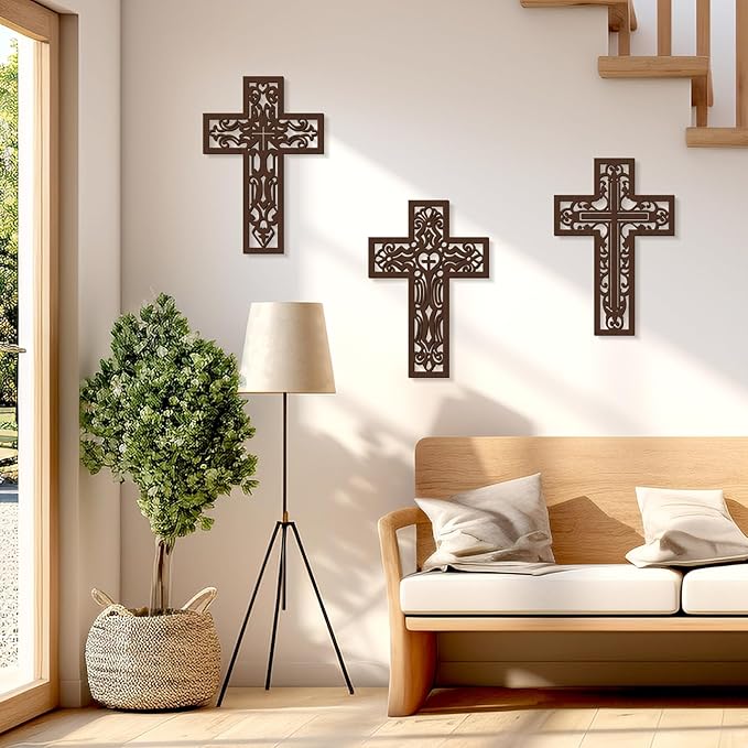 Bnesi 3 Pcs Wooden Cross Wall Art - Brown Carved Pattern Religious Crosses for Living Room, Church, Wedding, Office, Hospital