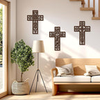 Bnesi 3 Pcs Wooden Cross Wall Art - Brown Carved Pattern Religious Crosses for Living Room, Church, Wedding, Office, Hospital