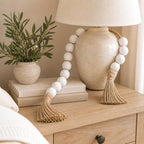 OMISHE 60" Long Extra Large Wood Bead Garland with 1.6" Diameter Wooden Beads and Tassels, Rustic Farmhouse Country Decorative Beads for Home Tiered Tray Decor, White