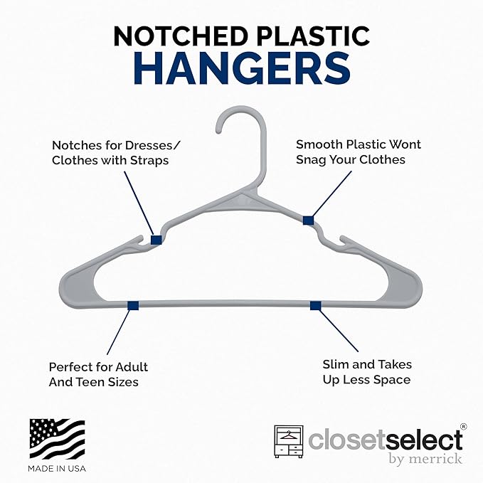 Plastic Hangers 50 Pack - Space Saving Clothes Hangers, Made in USA, Durable & Strong Plastic Shirt & Coat Hanger with Notches & Shoulder Grooves, Non-Slip Clothing Hangers | Grey