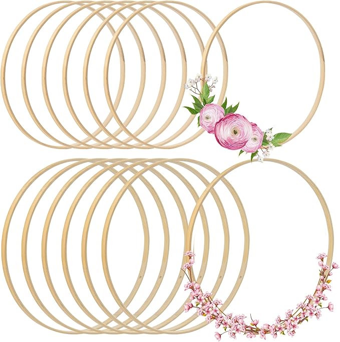 Framendino, 12 Pack Wooden Bamboo Ring Hoop Dream Catcher Rings Macrame Floral Hoops Craft for DIY Wedding Wreath Wall Hanging Decorations (10 In/12 in)