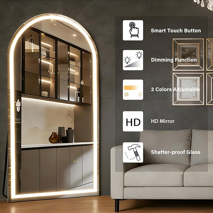 Arched 71"x32" Full Body Mirror with Light, LED Floor Mirror, Wall Mounted Dimming & 3 Color Lighting for Bedroom, White