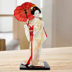 12inch Japanese Geisha Ethnic Japanese Geisha Dolls Oriental Ancient Kabuki Girl Statue Kimono Dolls for Tabletop Home Decor, White and Gold