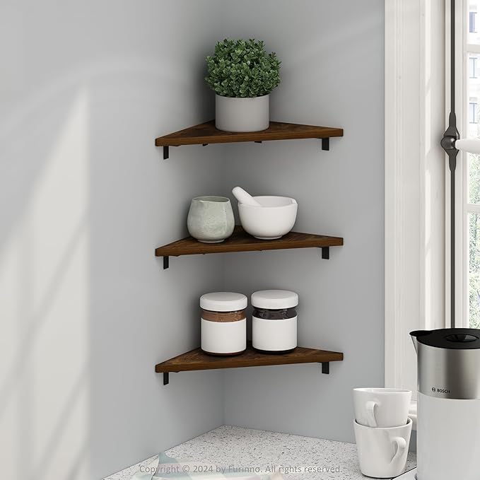 Furinno Rossi Triangle Floating Shelves for Wall, Set of 3 Geometric Corner Shelf, Wall Mounted Shelves for Bathroom, Home Office, Living Room, Amber Pine