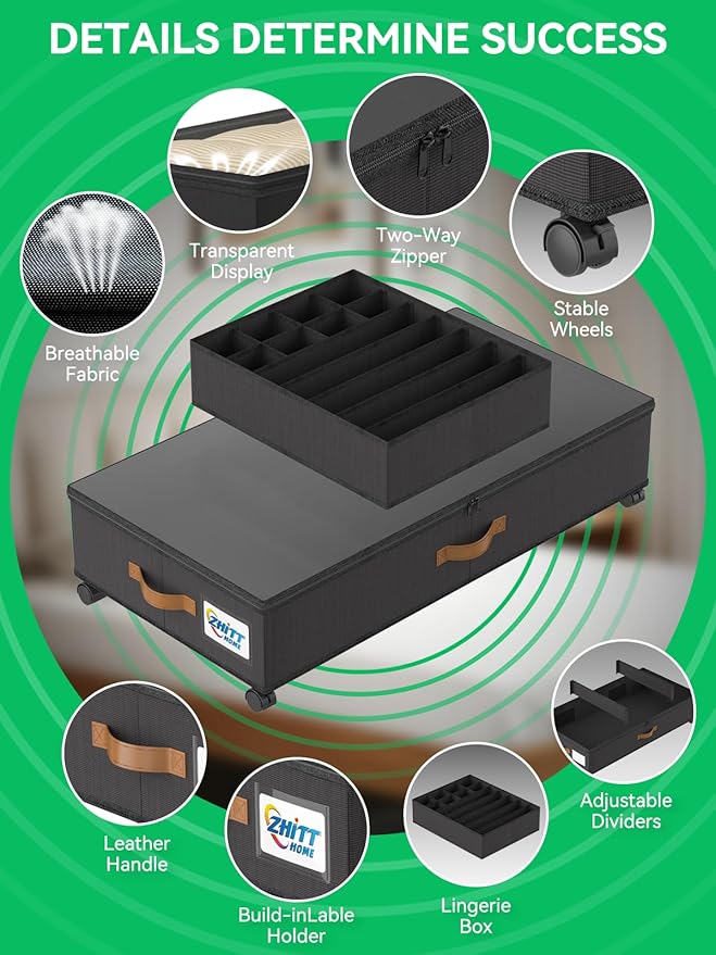 Under Bed Storage with Wheels, 2-Pack 58L Under the Bed Storage Containers with Lids, 1-Pack 15L Box, Organizer Bins Rolling Underbed Storage for Clothes, Underwear, Socks, Shoes - Delicate Style