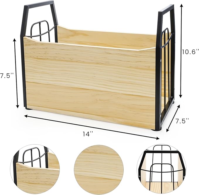 Wood Magazine Holder, Rustic Magazine Storage Rack Floor, Decorative File Book Organizer Basket for Desktop, Newspaper, Mails, Files (Recommend Drill Installation)