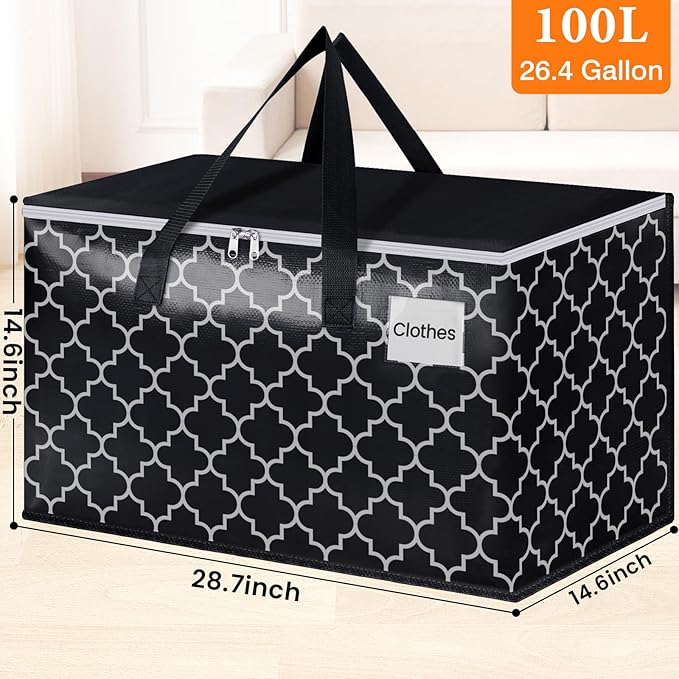 HomeHacks Heavy Duty Moving Bags with Tag Pockets, Collapsible Storage Totes for Moving, Camping & Travel -Foldable Packing Boxes, Zipper Handles, Black（4 Packs, 100L）