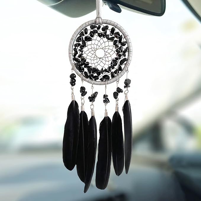 Car Rear View Mirrior Hanging Accessories Black Dream Catcher Small, Crystals Stones Feather Pendant Interior Rearview Mirror Decoration