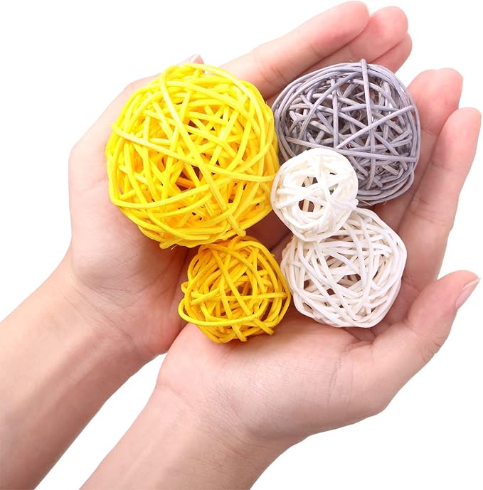 Patelai 36 Pcs Wicker Rattan Balls Decorative Balls for Vase Centerpiece Bowls Orbs Filler for Home Decor,4 Sizes(Yellow, Gray, White,2.4'',2'',1.6'',1.2'')