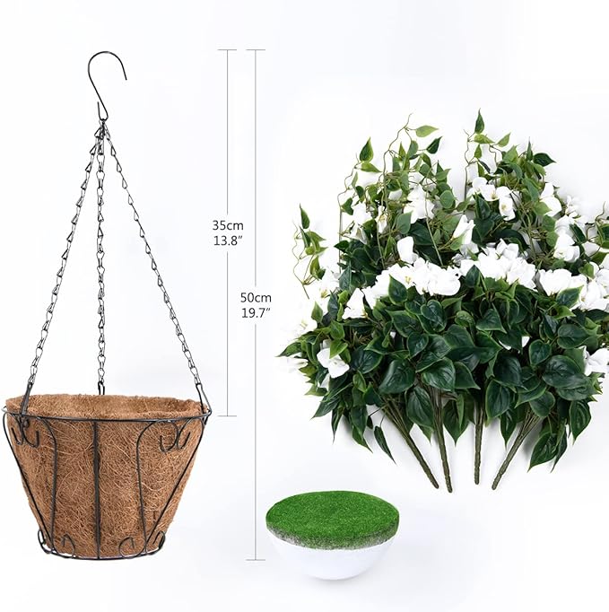 Homsunny Artificial Fake Flowers Plants with Hanging Baskets for Outdoor,4pcs Faux Silk Bougainvillea Silk Vine Flowers for Outdoor/Indoor Artificial Plant for Patio Lawn Garden Decor(White)