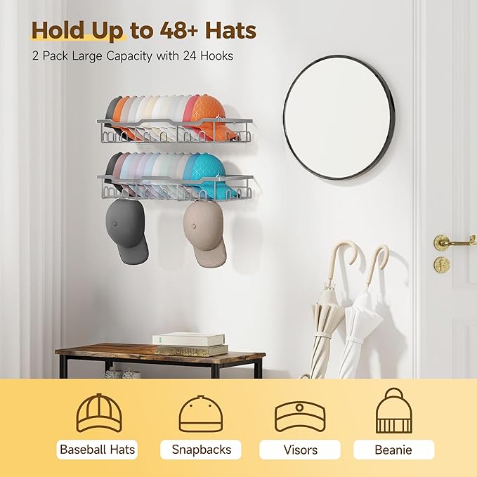 Nicetree Hat Racks for Baseball Caps Wall - Metal Hat Organizer for 48 Baseball Caps Holder, 2 Pack Hat Storage Organizer for Closet, Bedroom, Living Room Grey