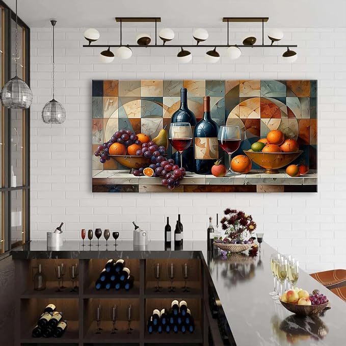 Geometric Kitchen Wall Art Abstract Wine Canvas Prints Red Wine Glass and Fruit Pictures Rustic Farmhouse Still Life Painting Wine Bar Decor for Dining Room Restaurant Home Decorations 29.53x57.87"
