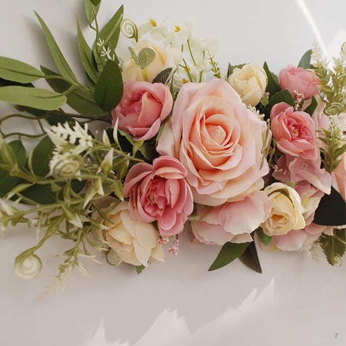 MSUIINT 25.6 Inch Artificial Rose Flower Swag with Green Leaves, Handmade Fake Plant for Front Door, Wedding Arch Flowers Spring Floral Swag, Wall Hanging Swag for Home Party Decor(Pink)