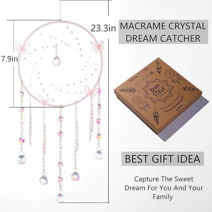 Artilady Butterfly Dream Catchers with Crystals - Large Boho Pink Moon Dream Catcher Wall Decor Home Decorations Girls Kids Baby Bedroom Room Decor Christmas Birthday Teen Girl Boys Gifts