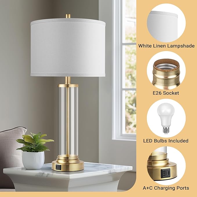 QiMH Lamps for Bedrooms Set of 2, Touch Control Table Lamps with USB A+C Ports, 3-Way Dimmable Bedside Lamp with Fabric Lampshade, Modern Nightstand Lamp for Living Room Bedroom (LED Bulbs Included)