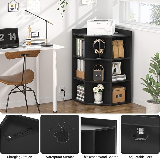 Aheaplus Corner Cabinet, Black Corner Storage with USB Ports and Outlets, Corner Cube Toy Storage for Small Space, Wooden Cubby Corners Bookshelf with 9 Cubes for Playroom, Bedroom, Living Room, Black