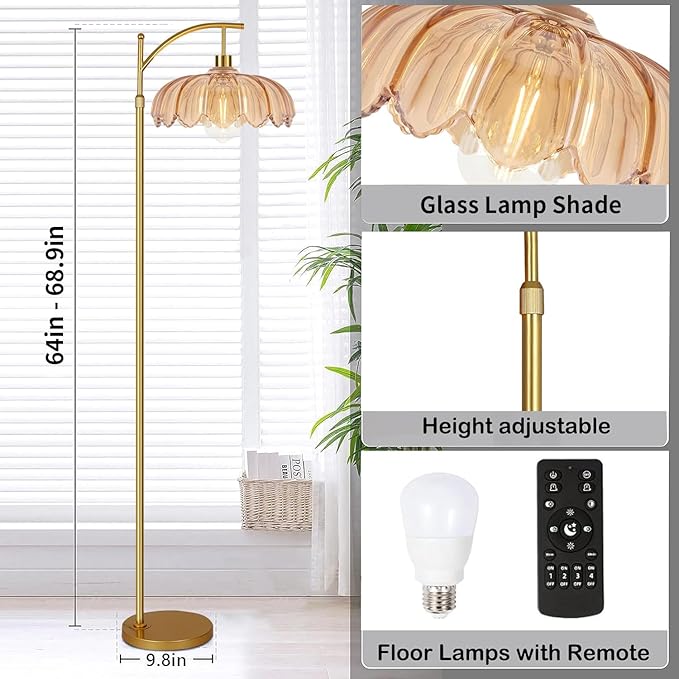 QIYIZM Floor Lamp for Living Room,Bedroom,Gold Dimmable Standing Lamp with Remote,Mid Century Modern Brass Tall Lamp Retro Vintage Glass Lamp Floor Light Boho Bohemian
