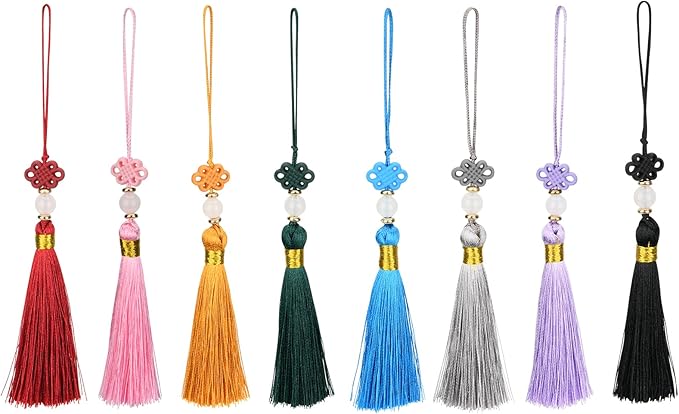 Beautyflier 24PCS Chinese Knot Tassel Pendant for Phone Case, Mini Mala Tassels with Hanging Loop, Jade Beads and Charms for Home Office Decor, Car Hanging Decoration, Graduation (8 Colors #2)