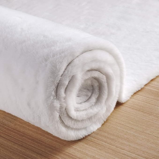 Fuzzy White Machine Washable Runner Faux Rabbit Furry Fur Rugs for Bedroom Plush Runner Rugs for Hallway 2x10 Rectangle Rug Home Décor