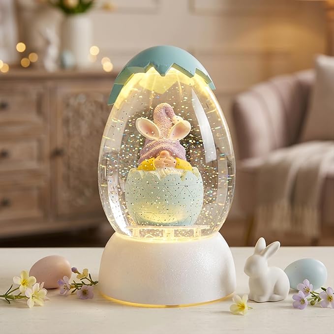 Gnome Easter Snow Globe, Easter Bunny Snow Globe Eggs Spring Decor with Swirling Glitter, 6H Timer, USB or Battery Powered, Speak No Evil Gnome Snowglobe for Tabletop Decor Gift 7.4 Inch (Blue)