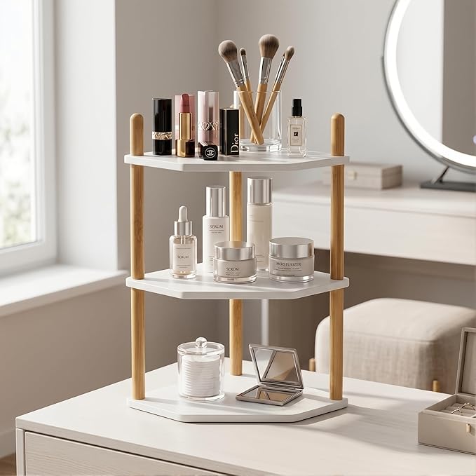 3-Tier Expandable Bamboo Corner Shelf - Dish/Plate Organizer for Cabinet, Kitchen Counter Shelf & Small Kitchen Shelf, Adjustable (White, 1-Pc 6.70" H)