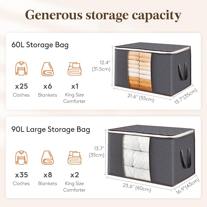 Lifewit 10 Pack 60L Clothes Storage Bins with Lids, Foldable Blanket Storage Bags with Zippers, Clear Window and Reinforced Handles, Closet and Organization for Clothing, Sweater, Comforter, Bedding
