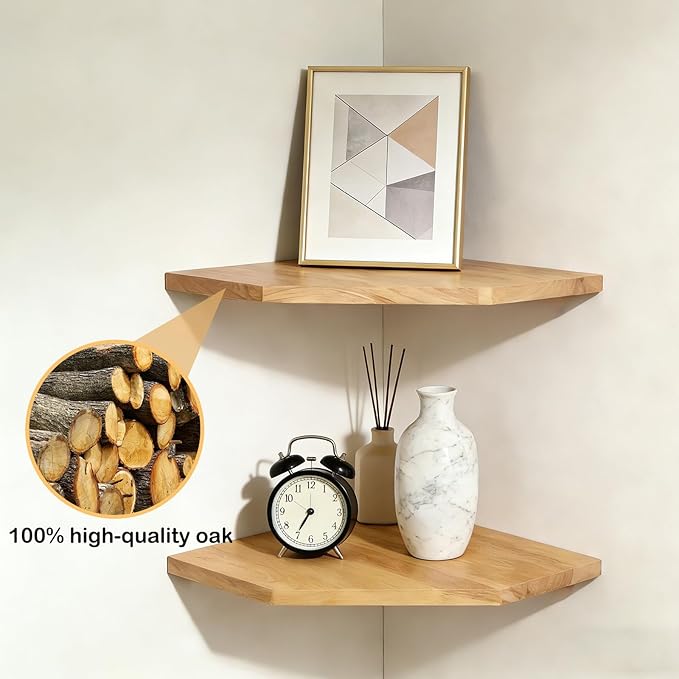 JiudunsKylight Corner Floating Shelf with Wire Hole, 11.2 Inch Wood Wall Shelf for Bedroom, Kitchen, Living Room Decor, Storage for Photos, Speakers (Oak, 1 Pack)