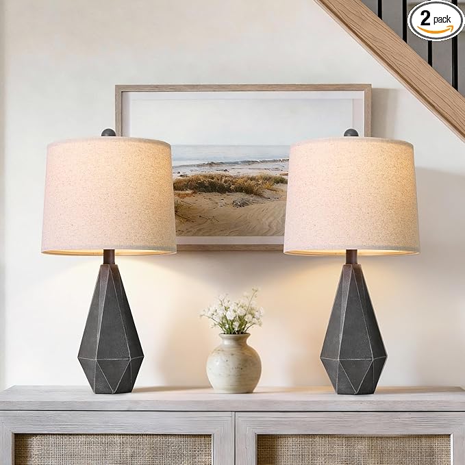 PoKat 23.5'' Farmhouse Table Lamps Set of 2, Rustic Nightstand Lamps for Bedroom, Classic Bedside Lamps for Living Room Office Sideboard with Linen Shade Distressed (Deep Grey)