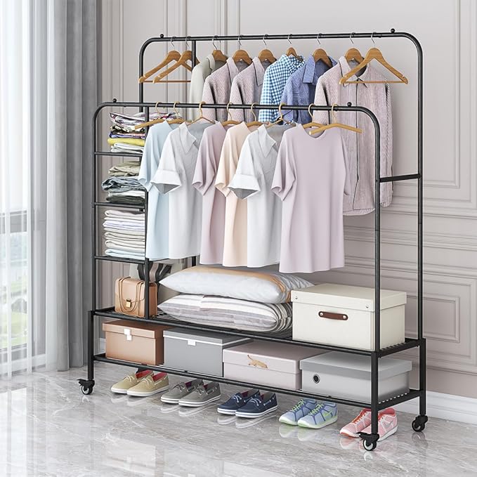 SUOERNUO Garment Rack for Hanging Clothes Rack Heavy Duty Portable with Bottom Metal Shelf Drying Coats Shirt,Black (Black+Double Rods+Shelf)